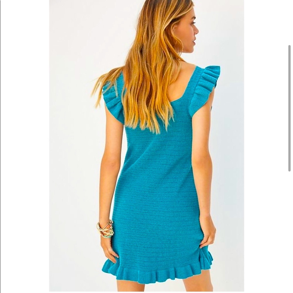 New! ANTHRO dress ruffle pointelle knit teal turquoise Anthropologie turquoise - Picture 4 of 7